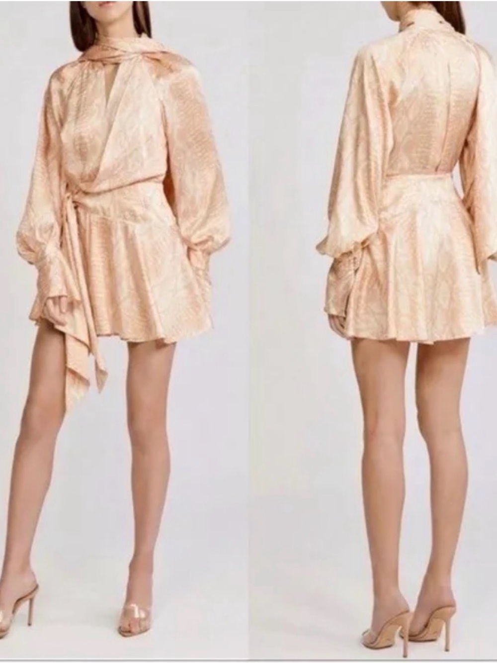 Acler Peach Satin Tie-Neck Long Sleeve Mini Dress